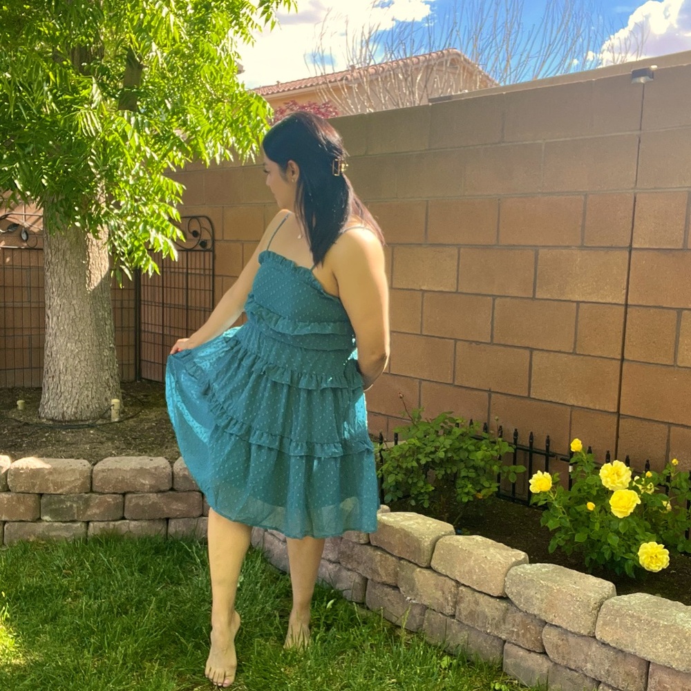 Swiss dot tiered ruffle sleeveless dress in color Emerald
